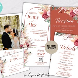 Boho Wedding invitation Template, Pampas wedding invitation set, Terracotta wedding invitation pack, Rust Editable invitation RSVP