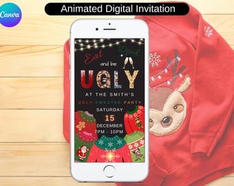 May include: A digital invitation for an Ugly Sweater Party at the Smith's on Saturday, December 15th from 7pm to 10pm. The invitation features a black background with white lights, the text "Eat and be Ugly", and a variety of colorful ugly sweaters.