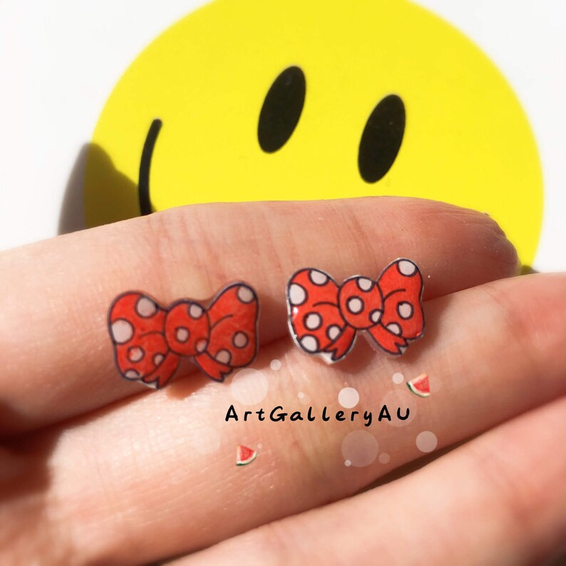 Kawaii Red Polka Dot Bow Earrings Handmade Stud Earrings Etsy