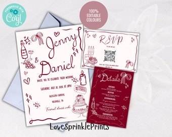 Editable Burgundy  Wedding invitation Template, Doodle Illustrations handwritten wedding invite RSVP details instant download DW02