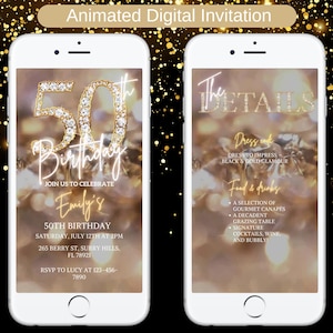 Animated Digital 50th Birthday Invitation Template, Editable Fifty Birthday, Printable Rose Gold Fiftieth Birthday, Simple 50th Invite D1
