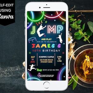 Animated Jump Birthday Invitation, Editable Glow Jump Trampoline Party Invite, Digital Let&#39;s Jump Party, Bounce House, Tie Dye Jump Party 01