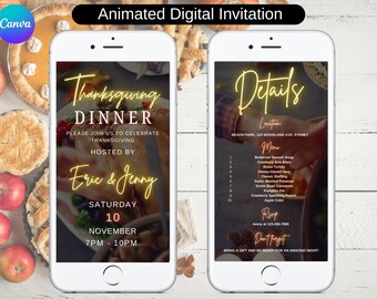 Animated Digital Thanksgiving Dinner Invitation, Editable Thanksgiving Party Invite, Printable Let's Give Thanks Invite, Friendsgiving 01