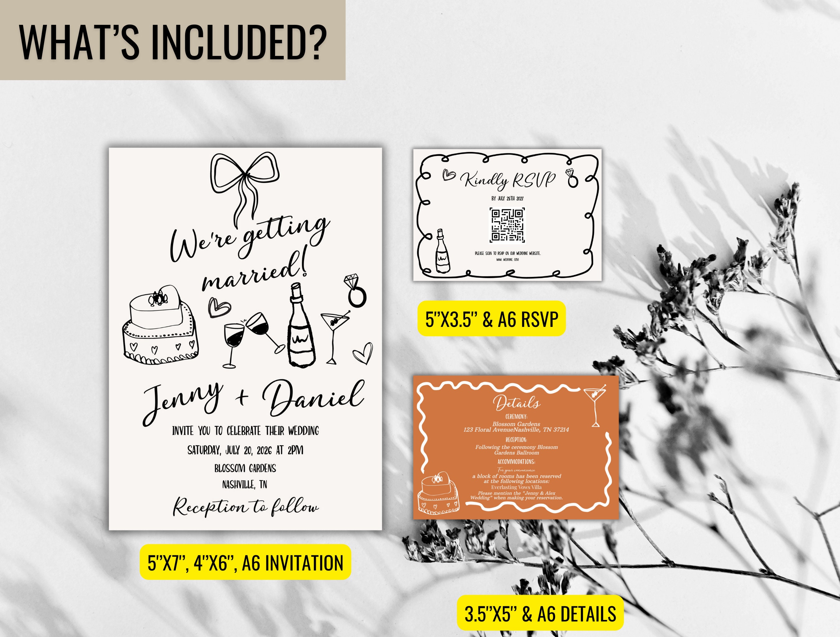 Editable Hand Drawn Wedding Invitation Template, Doodle Illustrations ...