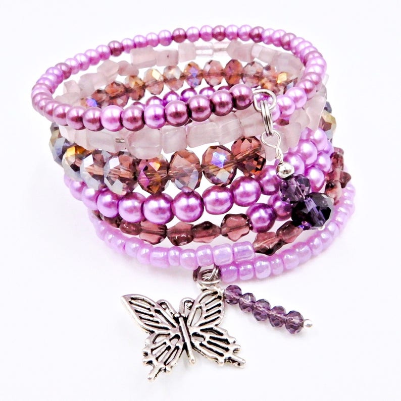 Purple beaded bracelet purple memory wire wrap bracelet | Etsy