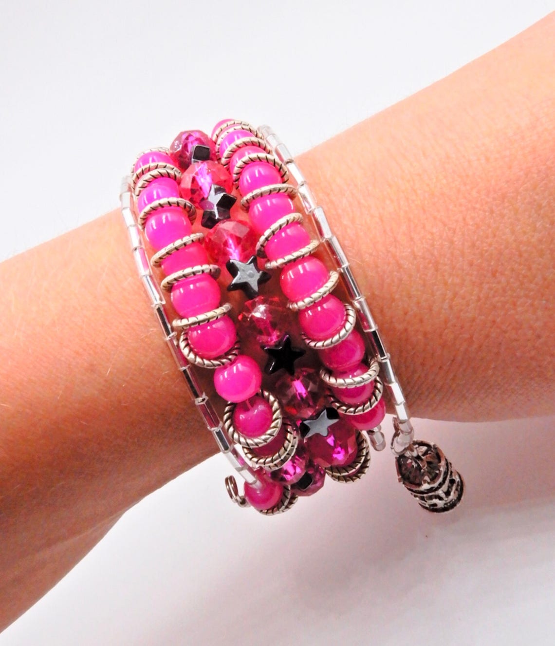 Hot pink beaded wrap bracelet pink wrap bracelet star Etsy