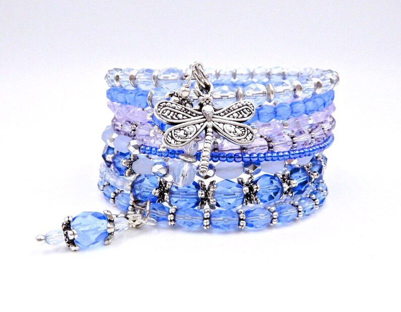 Blue Wrap Bracelet Memory Wire Wrap Bracelet Blue Beaded Etsy