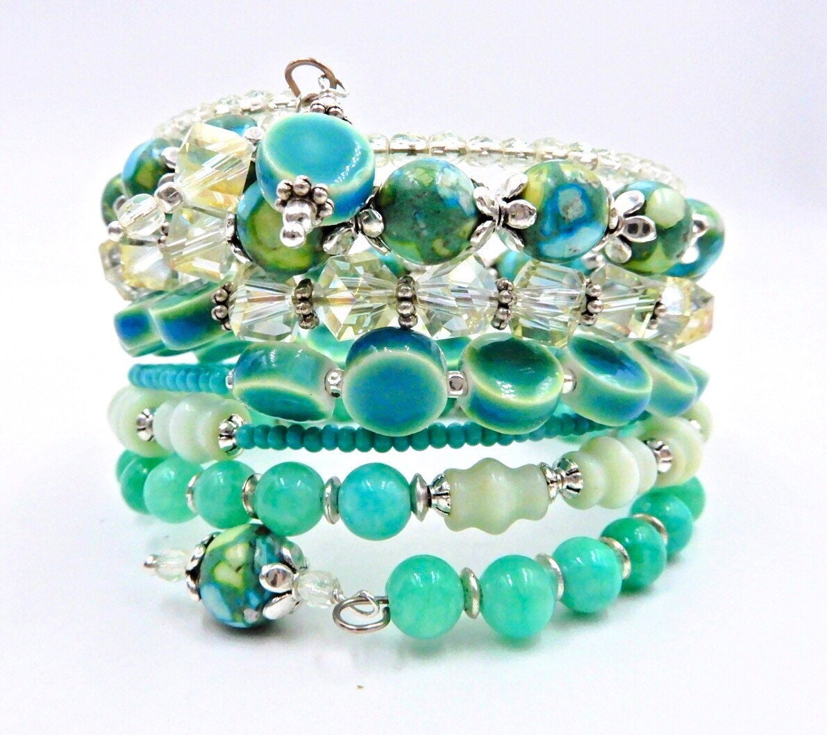 Turquoise beaded bracelet memory wire bracelet beaded wrap | Etsy