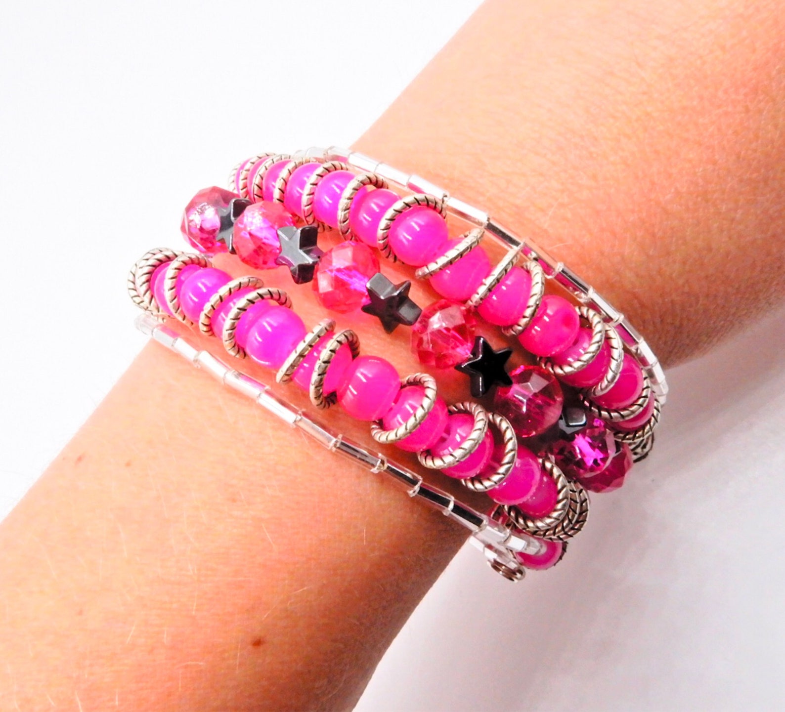 Hot pink beaded wrap bracelet pink wrap bracelet star Etsy
