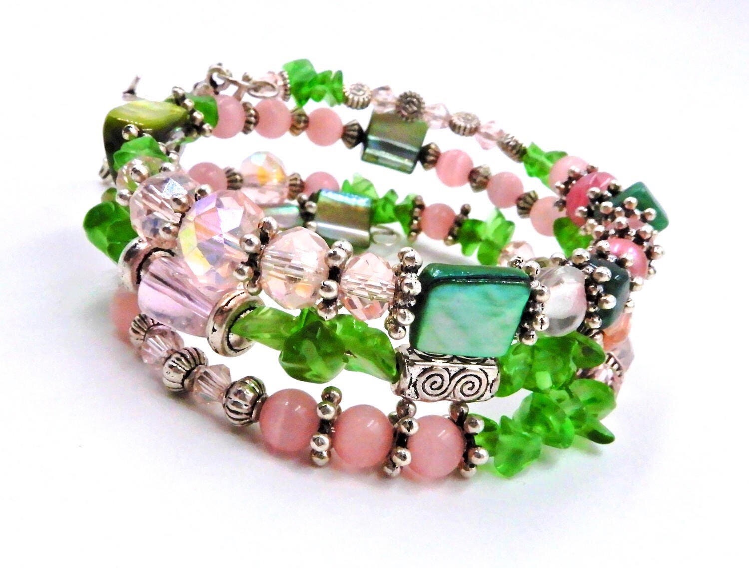 Pink and green wrap bracelet pink and green beaded bracelet Etsy