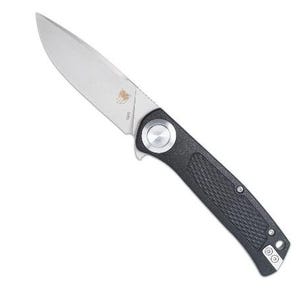 May include: A silver folding knife with a black textured handle. The blade is stainless steel and features a small logo. The handle has a textured pattern for grip and a silver button. The knife is designed for everyday carry.