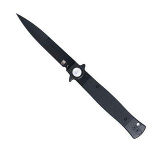 May include: A black folding knife with a pointed blade. The knife has a textured handle and a silver button. The blade is angled and has a small emblem near the handle. The knife is set against a white background.