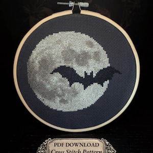 Moon and Bat Cross Stitch Pattern | Halloween PDF Download