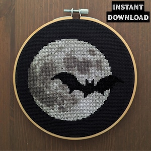 Moon and Bat Cross Stitch Pattern | Gothic Halloween Digital PDF Embroidery Design