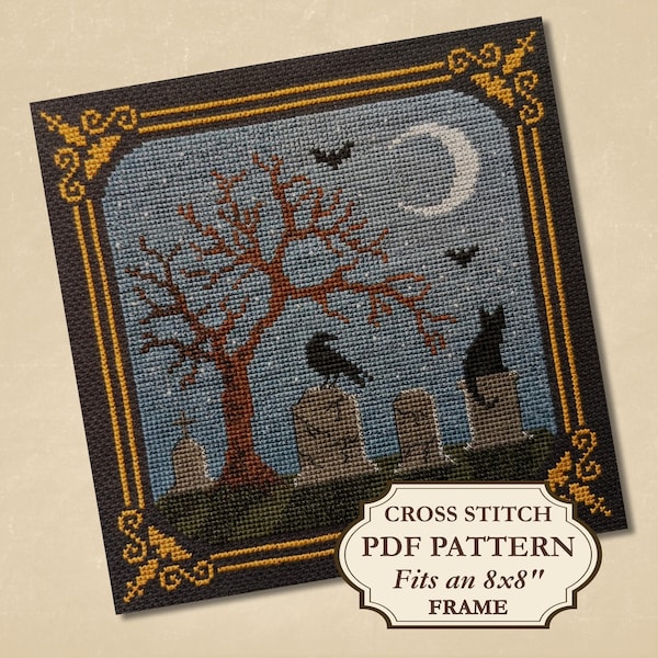 Spooky Graveyard Cross Stitch Pattern, Gothic Halloween Design