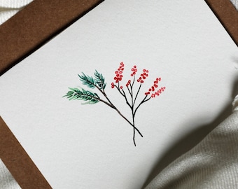 Cartão de Natal da floresta, cartão de Natal botânico, cartão de feriado, cartão de Natal simples, cartão de felicitações de feriado, cartão de Natal em branco