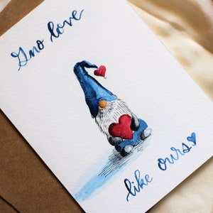 Gnome Valentines Card, Grappige Kabouter Valentijnskaarten, Aquarel kabouterkaart, Leuke Valentijnskabouterkaart, Kabouterliefhebberskaart