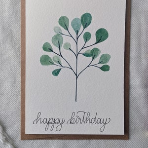 Handgeschilderde aquarel eucalyptus verjaardagskaart, plantenliefhebbers eucalyptus kaart, natuur geïnspireerde botanische kaart voor haar en voor hem