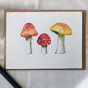 Carte de vœux aux champignons, Note de crapaud, Peinture aux champignons à l’aquarelle, Carte vierge avec champignon rouge orange, juste parce que, fantaisiste mignon