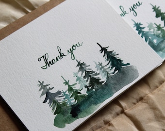 Pine Tree Thank You Note, Watercolor Pine Tree Card, Forest Thank You Note, Watercolor Forest Card, Rustic Woodland Card, Misty Trees Card