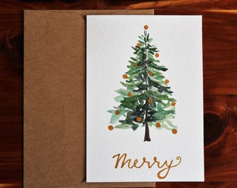 Cartão de árvore de Natal, cartão de Natal, cartão de árvore de férias, cartão de Natal em aquarela, cartão de pinheiro, cartão de Natal original pintado à mão