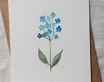 Oubliez-moi pas carte d’anniversaire florale peinte à la main, carte de vœux florale bleue de tous les jours