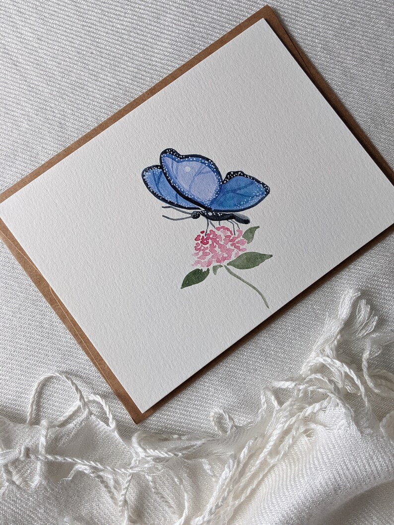 Cartão de borboleta azul, cartão de felicitações em branco com borboleta, cartão de felicitações floral, cartão de borboleta para qualquer ocasião, cartão com florais botânicos imagem 2