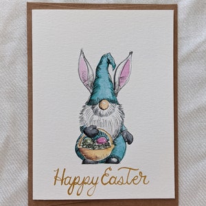 Oster gnom Karte, Osterhase Gnom, Wichtel, Hasenohren gnom, Handgemalte Aquarell karte