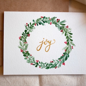 Tarjeta de corona de Navidad, tarjeta de corona navideña, tarjeta de alegría navideña, tarjeta de Navidad pintada a mano, tarjeta de Navidad de acuarela, tarjeta metálica