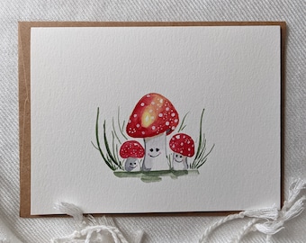 Cartão de felicitações de cogumelo, interior em branco, cartão de aquarela botânica pintado à mão, cartão para qualquer ocasião, cartão de cogumelo caprichoso, tema da natureza