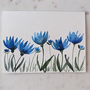 Blauwe bloemen aquarel verjaardagskaart, bedankje, bloemgroet, natuur geïnspireerd botanische, Indigo bloemen
