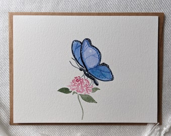 Cartão de borboleta azul, cartão de felicitações em branco com borboleta, cartão de felicitações floral, cartão de borboleta para qualquer ocasião, cartão com florais botânicos