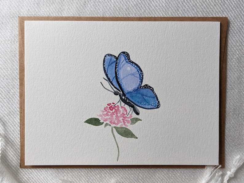 Cartão de borboleta azul, cartão de felicitações em branco com borboleta, cartão de felicitações floral, cartão de borboleta para qualquer ocasião, cartão com florais botânicos imagem 1