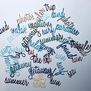 Mots prédécoupés vacances//mots prédécoupés voyage//mots pour carnet d'art//décorations faites main - lot de 20