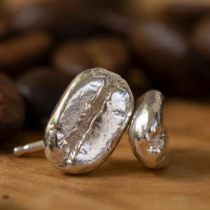 sterling silver coffee bean minimalist ear studs, handmade jewelry gift for coffee lover
