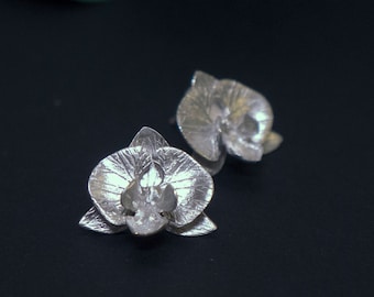 Orchid sterling silver ear studs, cast flower ear studs, gift for her, floral earrings, flower ear studs