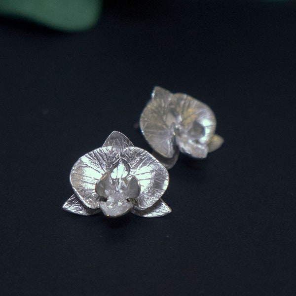 Orchid sterling silver ear studs, cast flower ear studs, gift for her, floral earrings, flower ear studs