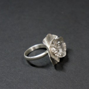 handmade poppy sterling silver ring, gift for her, august birthday gift, cast flower series.