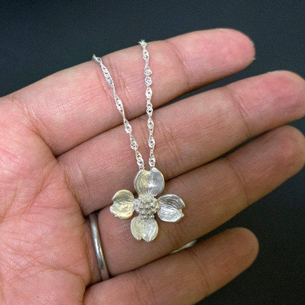 Handmade dogwood sterling silver necklace, cast flower series, floral earrings, valentines day, gift for her