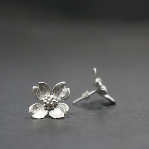 dogwood silver ear stud, sterling silver floral ear stud, cast flower series, gift for her