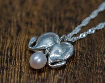 Bleeding heart sterling silver necklace, handmade floral pearl dangle necklace, cast flower series, valentines day, handmade gift for her