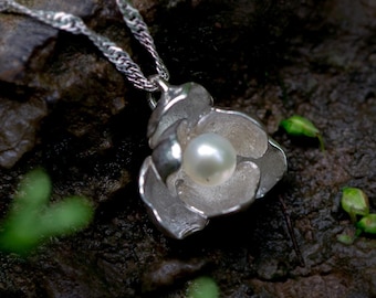 Jasmine flower sterling silver necklace with freshwater pearl