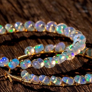 Handmade Faceted Ethiopian Opal Hoop Earrings: 14k Gold-Filled/ sterling silver