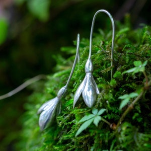 Snowdrop sterling silver long earrings, January birth flower