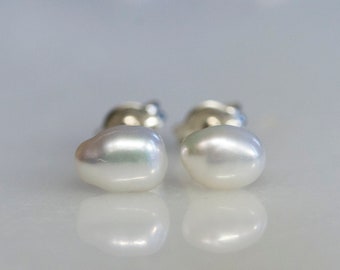 Baroque pearl silver gold ear studs, freshwater keshi pearl ear studs, wedding jewelry, gift for her