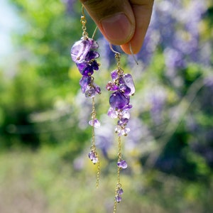 wisteria amethyst earrings, long gold filled bead earring, bead jewelry, February birth stone image 2