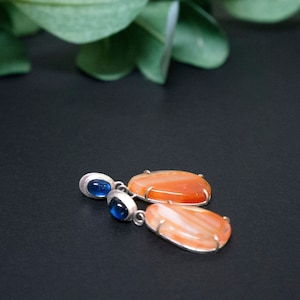 carnelian and blue kyanite drop earrings, one of a kind