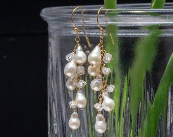 Pearl and Herkimer quartz cluster earrings, gold long pearl wedding dangle drop earrings, June April birthstone, handmade gift for her