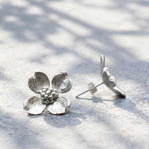Dogwood sterling silver floral ear stud, handmade botanical jewelry gift for her