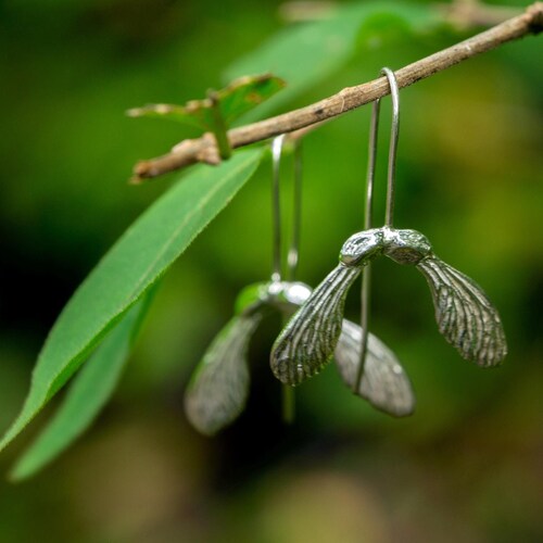 Maple Seed Sterling Silver Earrings, long floral dangle earrings